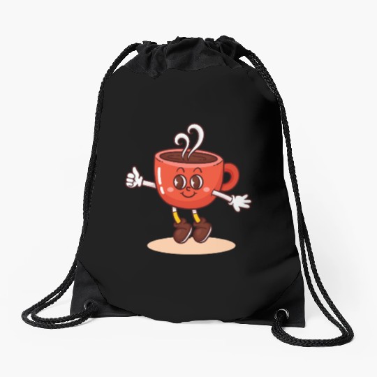 Whimsical Coffee Cup Character Drawstring Bags