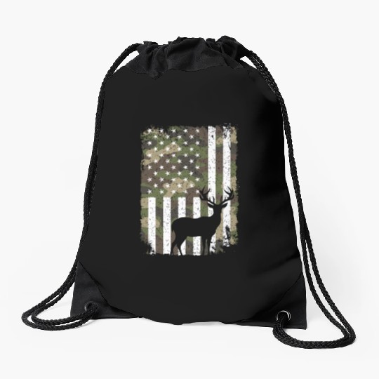 Deer Buck Hunting Camo US Flag Hunter Camouflage Drawstring Bags