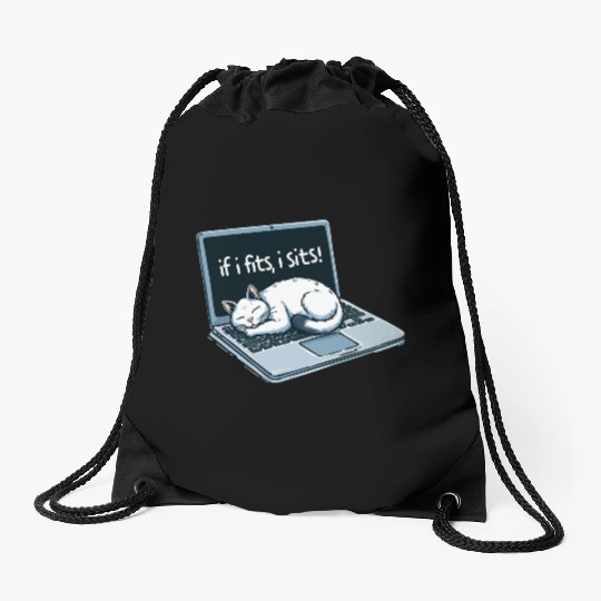 Laptop Cat Nap - If I Fits, I Sits! Drawstring Bags