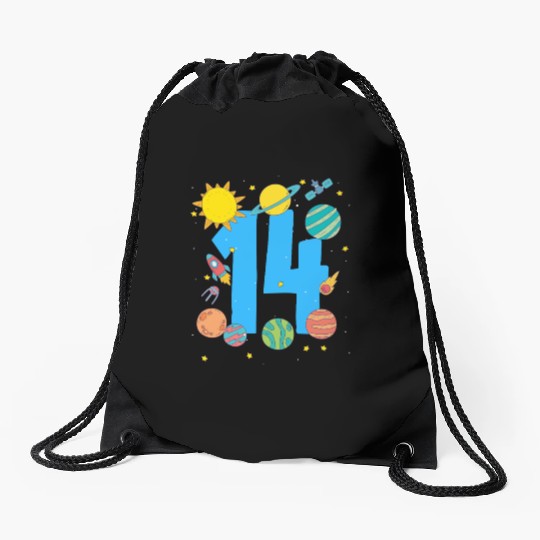 Space Adventure Number 14 Birthday Drawstring Bags