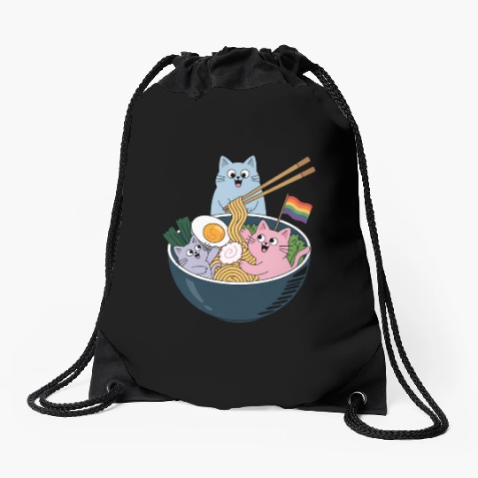 Cats Ramen Rainbow LGBTQ Gay Lesbian Pride Ally Drawstring Bags