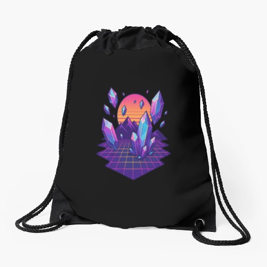 Crystal Skies: A Vaporwave Dreamscape Drawstring Bags