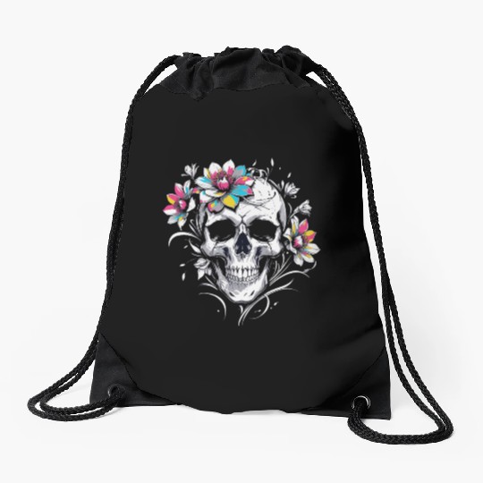 Streetwear Skull Bloom Floral Skull Drawstring Bags