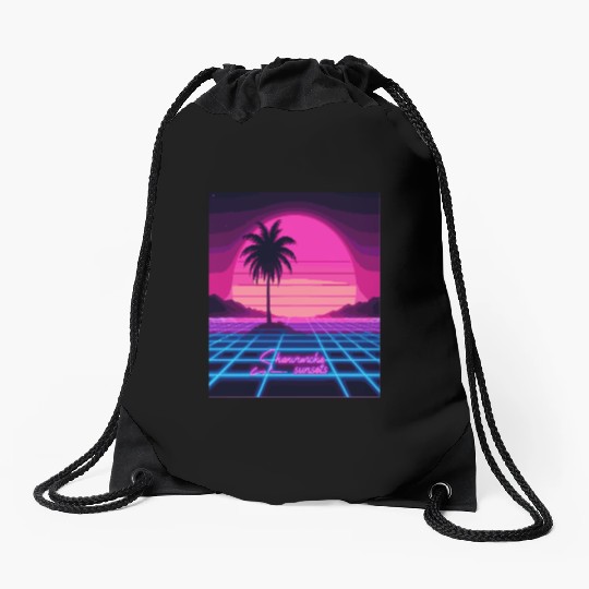 Chasing Sunsets Synthwave Drawstring Bags - Retro Neon Drawstring Bags