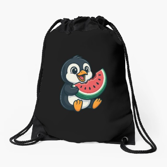 Penguin with Watermelon Summer Fruit Drawstring Bags