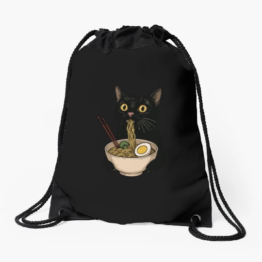 Black Cat Eating Ramen Noodles, Cute Japanese Food Drawstring Bags