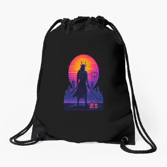 Neon Samurai - Cyberpunk Warrior Art Drawstring Bags