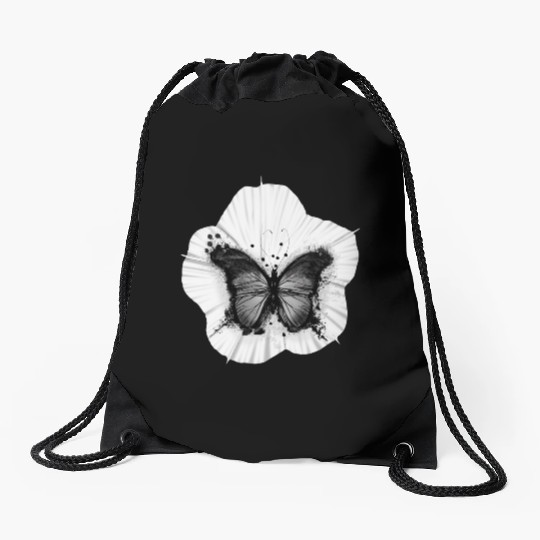 Black Butterfly rests on a Moon Flower Drawstring Bags