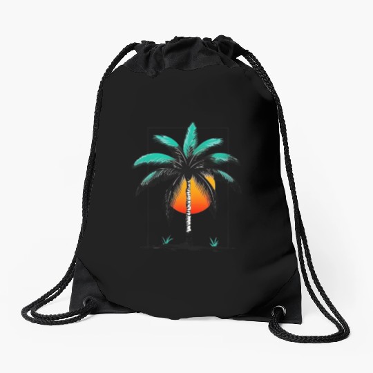 Grayscale Line Drawing Of A Central palm tree Drawstring Bags