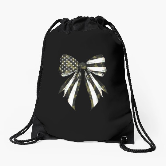Coquette Bow Camouflage US Flag Pride Patriotic Drawstring Bags