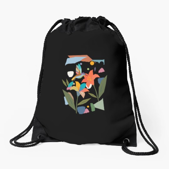Colorful Hummingbird with Flower - Colorful Nature Drawstring Bags