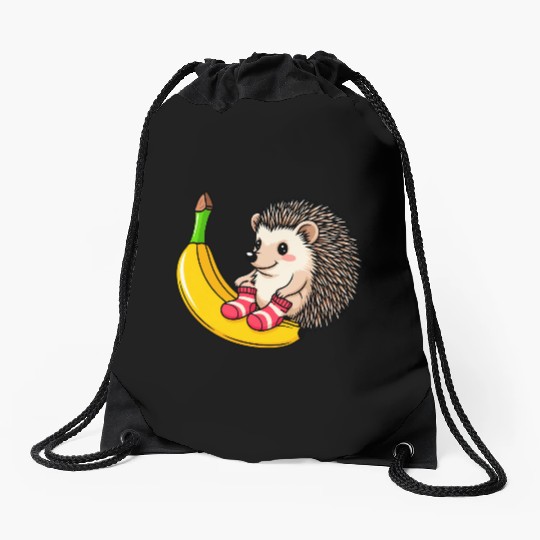 Hedgehog on a Banana Drawstring Bags