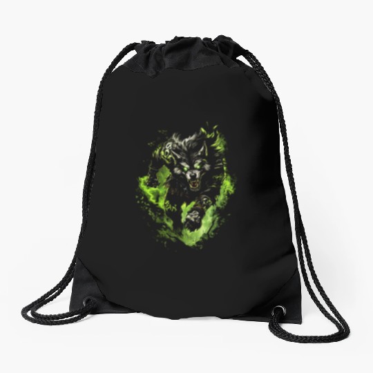 Magic Werewolf With Mystical Green Aura Drawstring Bags