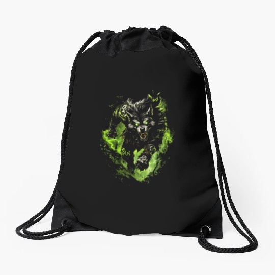 Magic Werewolf With Mystical Green Aura Drawstring Bags