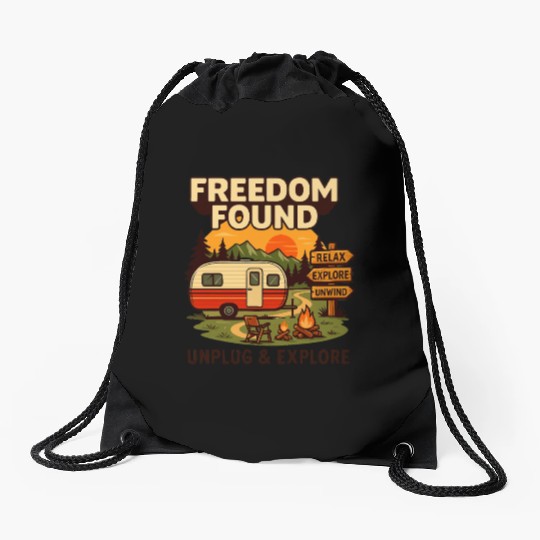 Freedom Found Vintage Camper Adventure Drawstring Bags