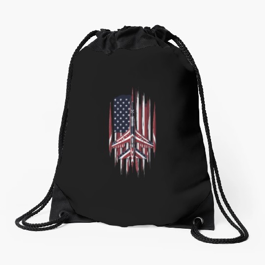 Patriotic Fighter Jet American Flag Art Drawstring Bags