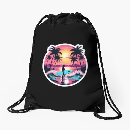 80s Synthwave Surfer | Retro Sunset Drawstring Bags.