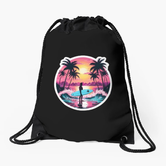 80s Synthwave Surfer | Retro Sunset Drawstring Bags.