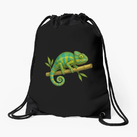 Colorful Chameleon on Bamboo Branch Drawstring Bags