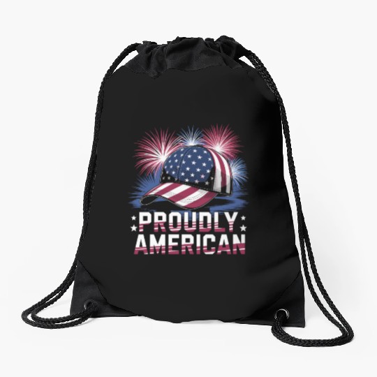 Proudly American Hat With Fireworks and Stars Drawstring Bags