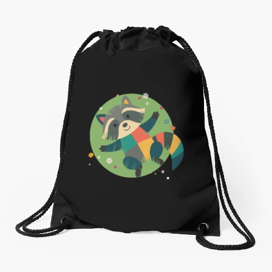 colorful raccoon lies relaxed in the green grass Drawstring Bags