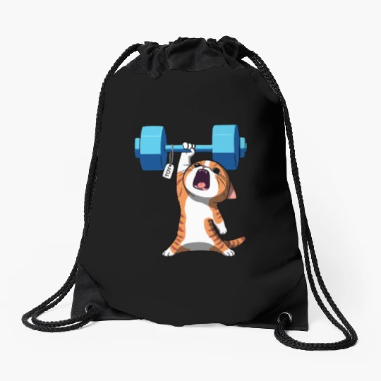 Workout Strength! Tiny Warrior Cat Huge Muscles. Drawstring Bags