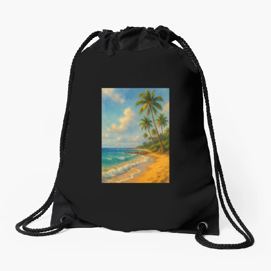 Tropical Serenity – Peaceful Beach Landscape Art Drawstring Bags