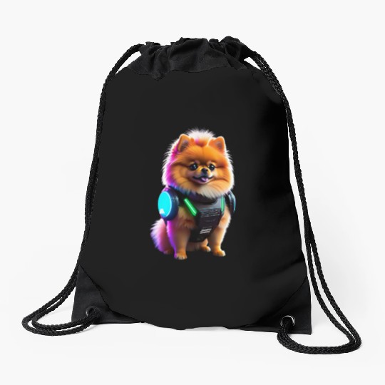 Cyber Pomeranian: Explorer of the Future Drawstring Bags