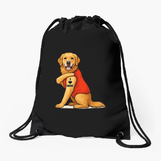 Funny golden retriever Dog I Love Mom Tattoo Lover Drawstring Bags