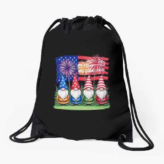 Patriotic Gnomes Fireworks American Flag Drawstring Bags