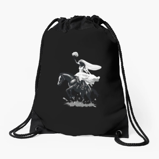 Western Cowgirl Bride on Bucking Horse – Grayscale Drawstring Bags
