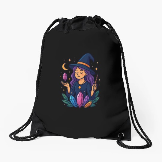 Mystical Crystal Witch Illustration Drawstring Bags