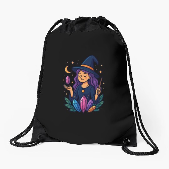 Mystical Crystal Witch Illustration Drawstring Bags