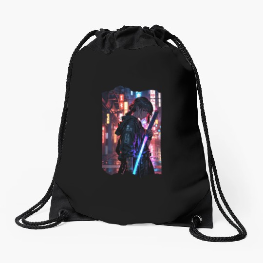 Cyberpunk Samurai Girl Drawstring Bags