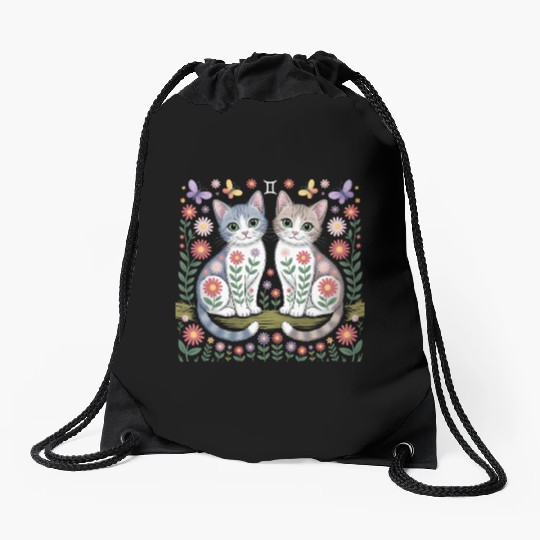 Gemini Zodiac Twin Cats Art Drawstring Bags