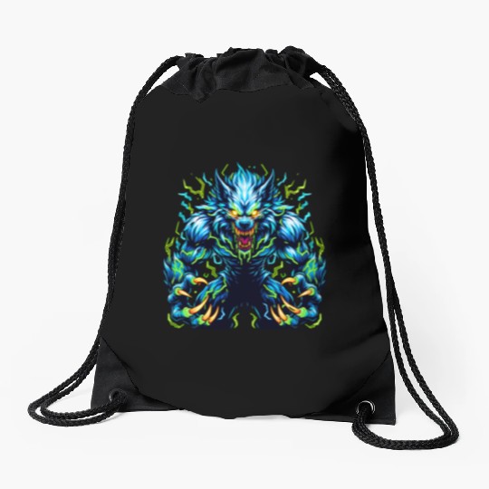 Neon Alpha Howler – Electric Werewolf Rage Drawstring Bags