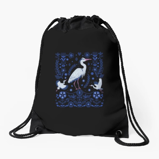 Great Blue Heron Folk Art Drawstring Bags