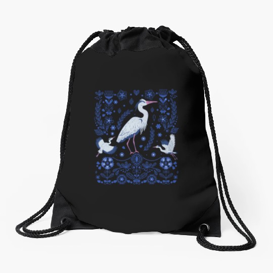 Great Blue Heron Folk Art Drawstring Bags