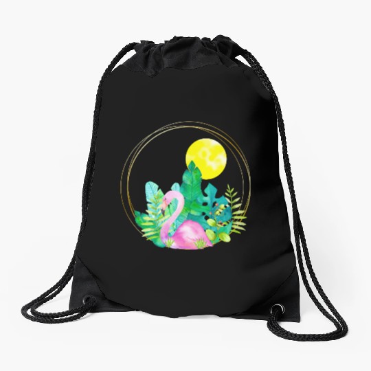 summer vibes with flamingo Drawstring Bags
