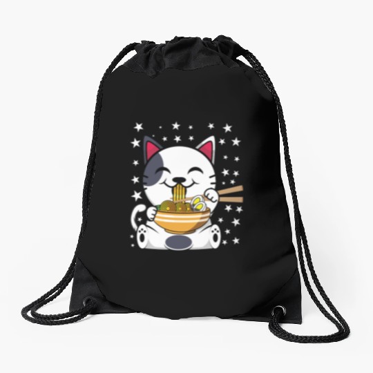 Cat Ramen Japanese Funny Japanese Kawaii Black Cat Drawstring Bags