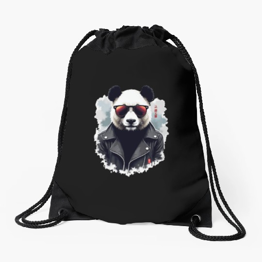 Cool Panda with Sunglasses & Leather Jacket Drawstring Bags
