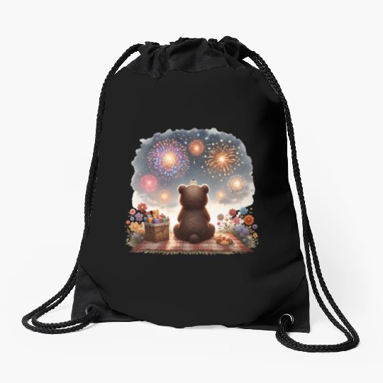 Fireworks Picnic Bear – Night Sky Celebration View Drawstring Bags