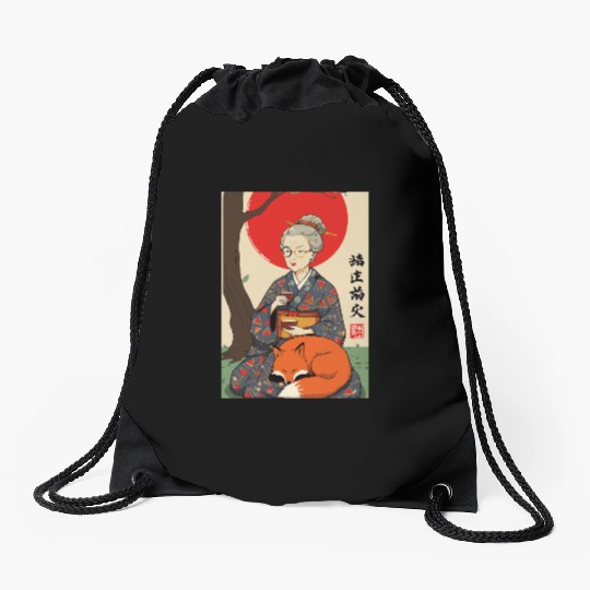 Older japanese mom sippin tea sitting with red fox Drawstring Bags