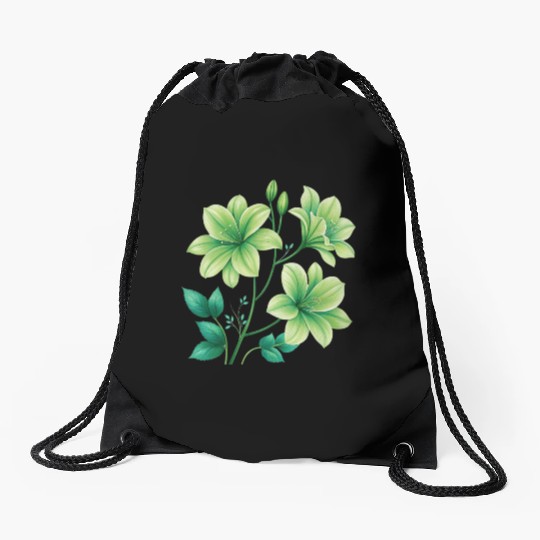 Green Lilies Floral Design Drawstring Bags