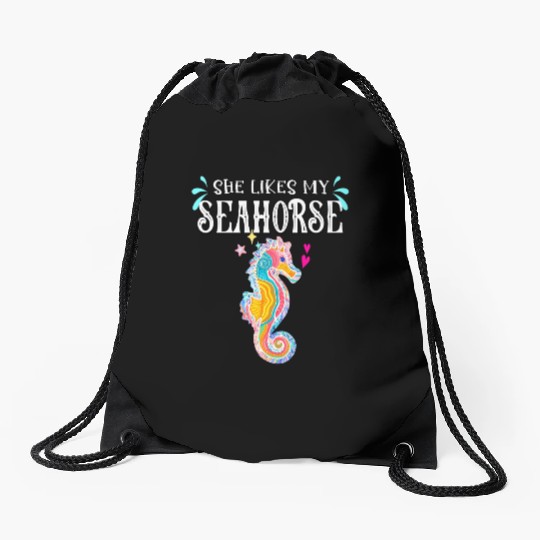 She likes my Seahorse tie dye summer couple love Drawstring Bags