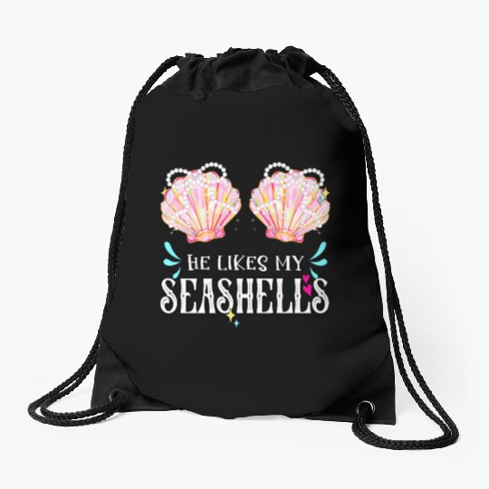 She likes my Seashells summer crusin couple love Drawstring Bags