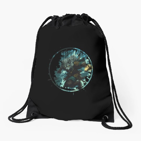 Mystical Werewolf With Magic In The Dark Forest Drawstring Bags