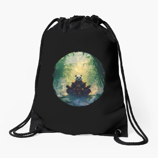 Panda Meditates In A Bright Bamboo Forest Drawstring Bags