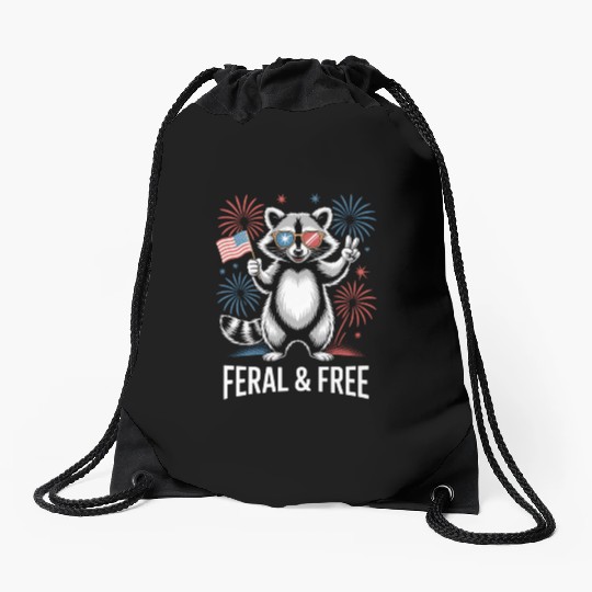Feral And Free Patriotic Raccoon Drawstring Bags