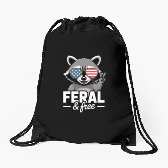 Feral And Free Patriotic Raccoon Drawstring Bags